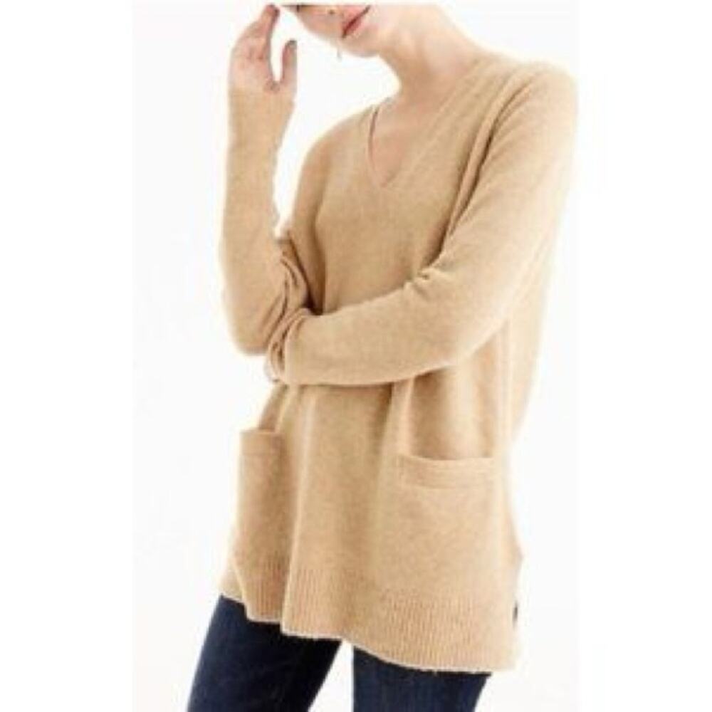 J. Crew Front Pocket Merino Wool Blend Tan V-neck Sweater Size XS